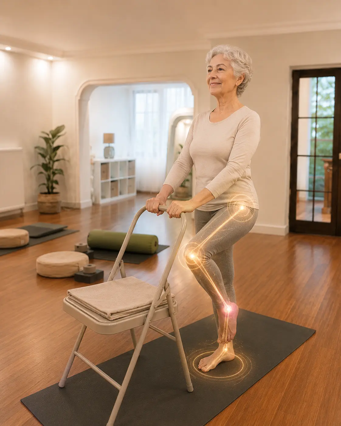 Ayak bileği, bacak ve merkez bölge kontrolünü destekleyen denge odaklı yoga hareketi yapan 60 yaş üstü kadın