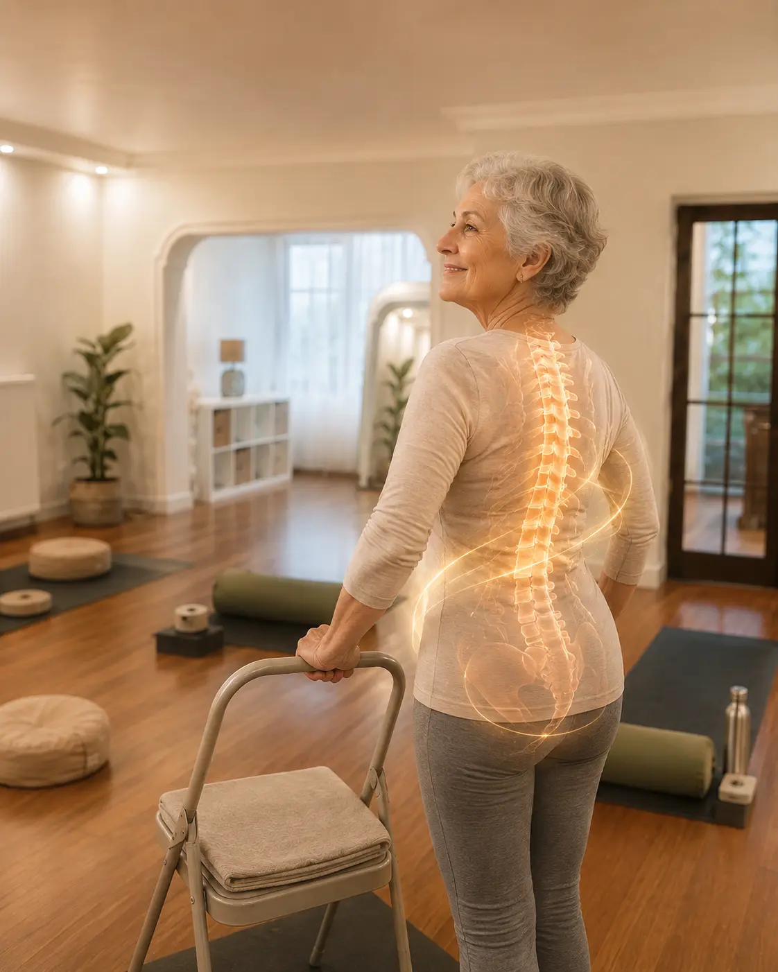 Sandalye desteğiyle omurga hareketliliğini destekleyen nazik yoga hareketi yapan 60 yaş üstü kadın